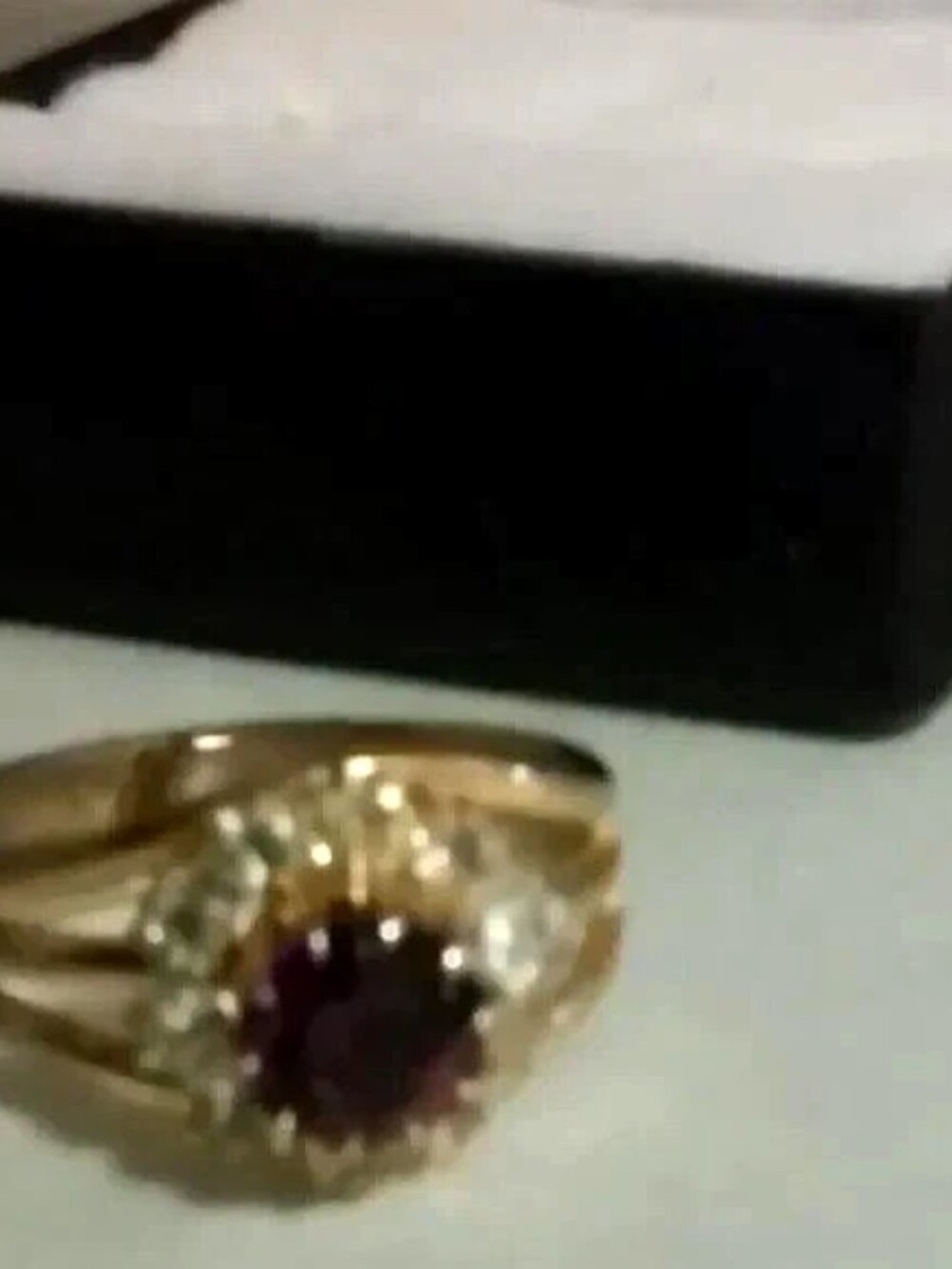 Gold Ring Genuine Stone and 10 Clear CZ Stones Adjustable In Box Has BeenWorn - Picture 4 of 4
